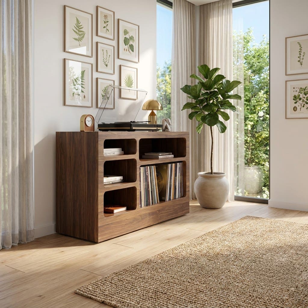 Mid-Century Handcrafted Solid Wood Vinyl Record Player Stand & Multi-Cubby Media Console