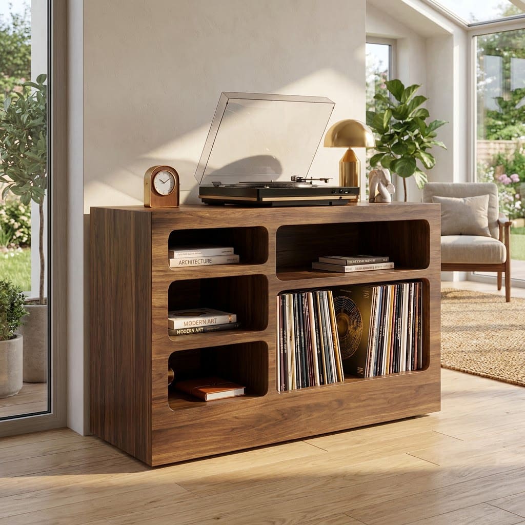 Mid-Century Handcrafted Solid Wood Vinyl Record Player Stand & Multi-Cubby Media Console