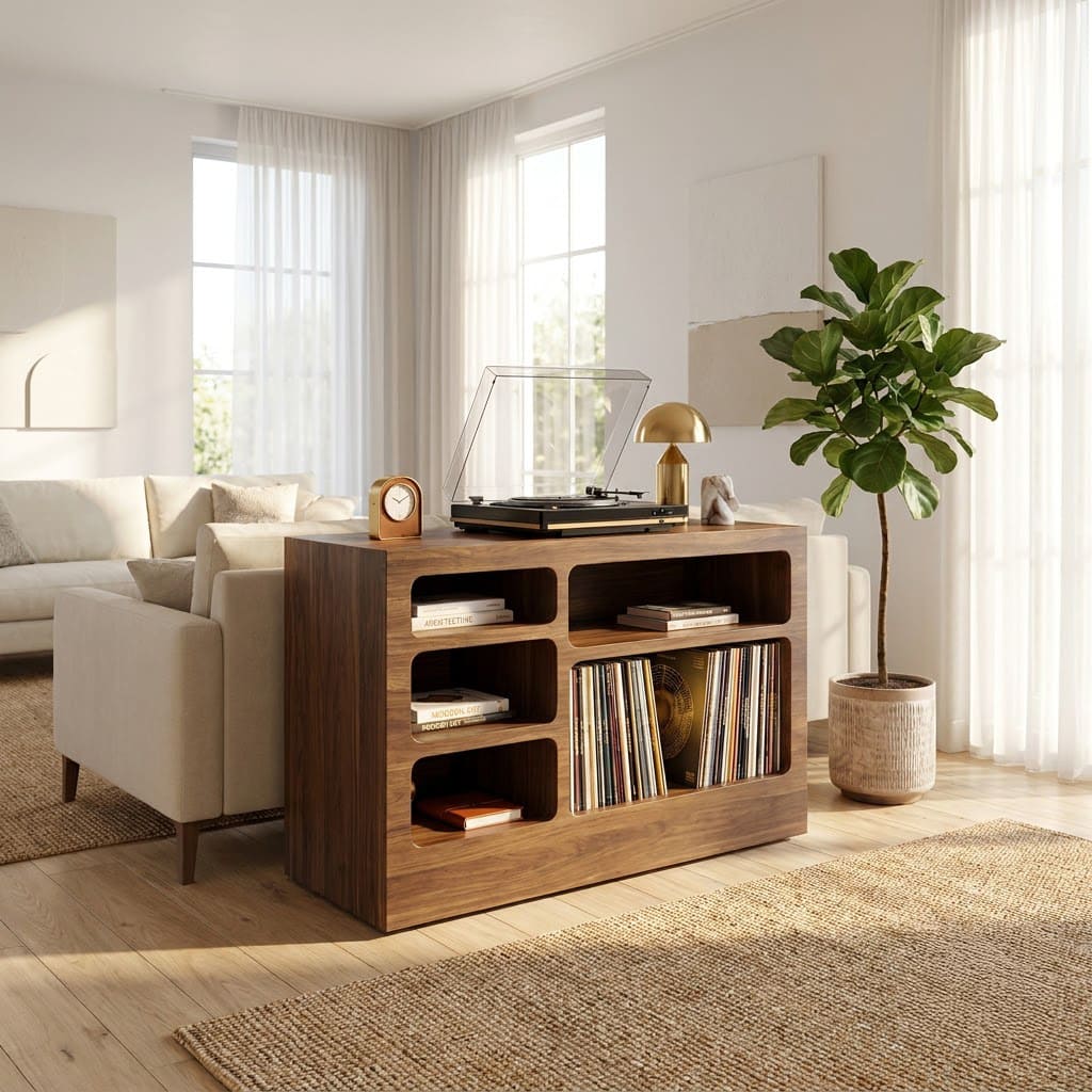 Mid-Century Handcrafted Solid Wood Vinyl Record Player Stand & Multi-Cubby Media Console