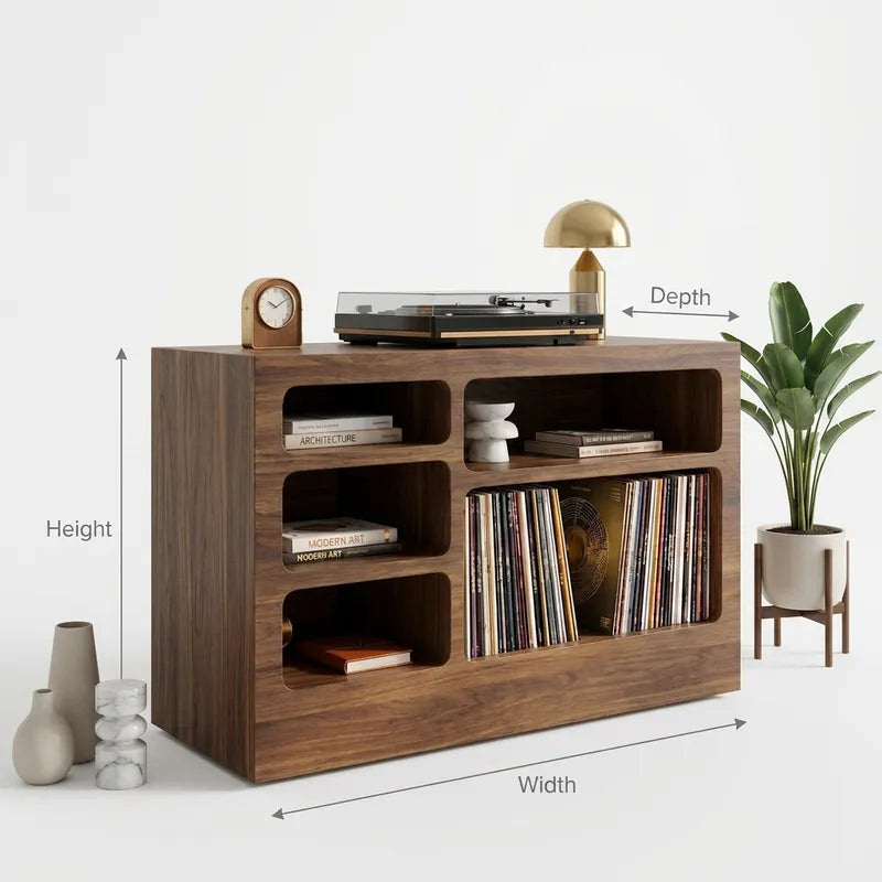 Mid-Century Handcrafted Solid Wood Vinyl Record Player Stand & Multi-Cubby Media Console