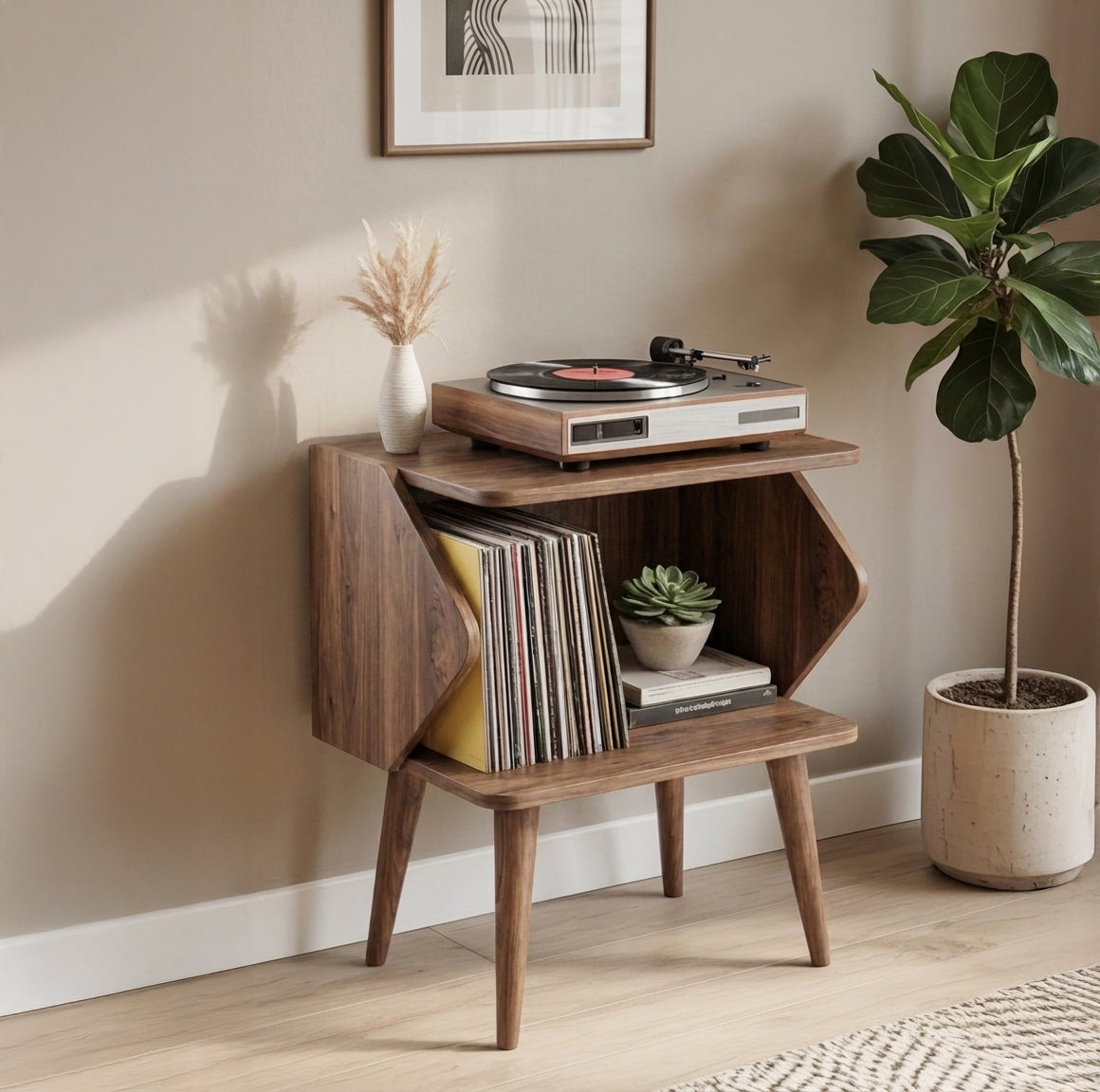 Mid Century Modern Wooden Record Player Stand With Vinyl Storage