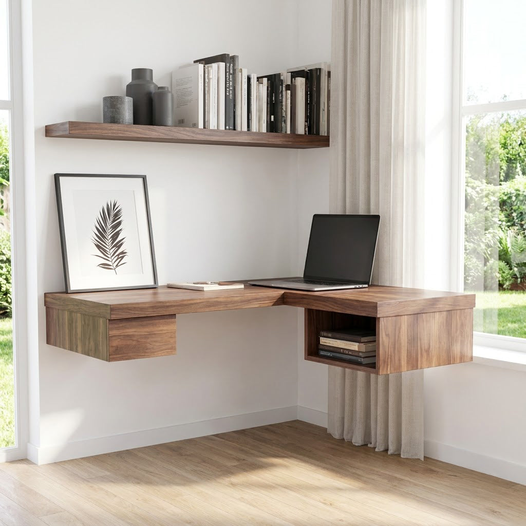 Modern Handcrafted Solid Wood Floating L-Shaped Corner Desk With Integrated Pull-Out Drawer & Open Storage Cubby