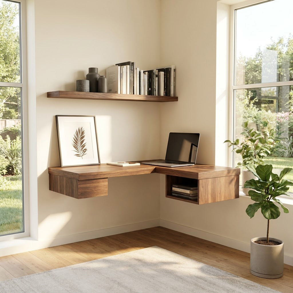 Modern Handcrafted Solid Wood Floating L-Shaped Corner Desk With Integrated Pull-Out Drawer & Open Storage Cubby