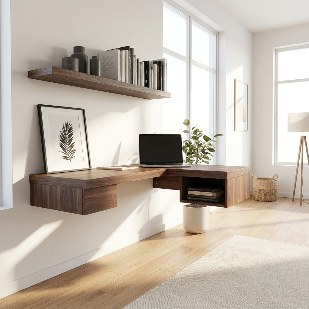 Modern Handcrafted Solid Wood Floating L-Shaped Corner Desk With Integrated Pull-Out Drawer & Open Storage Cubby