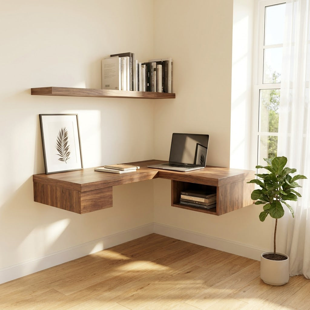 Modern Handcrafted Solid Wood Floating L-Shaped Corner Desk With Integrated Pull-Out Drawer & Open Storage Cubby