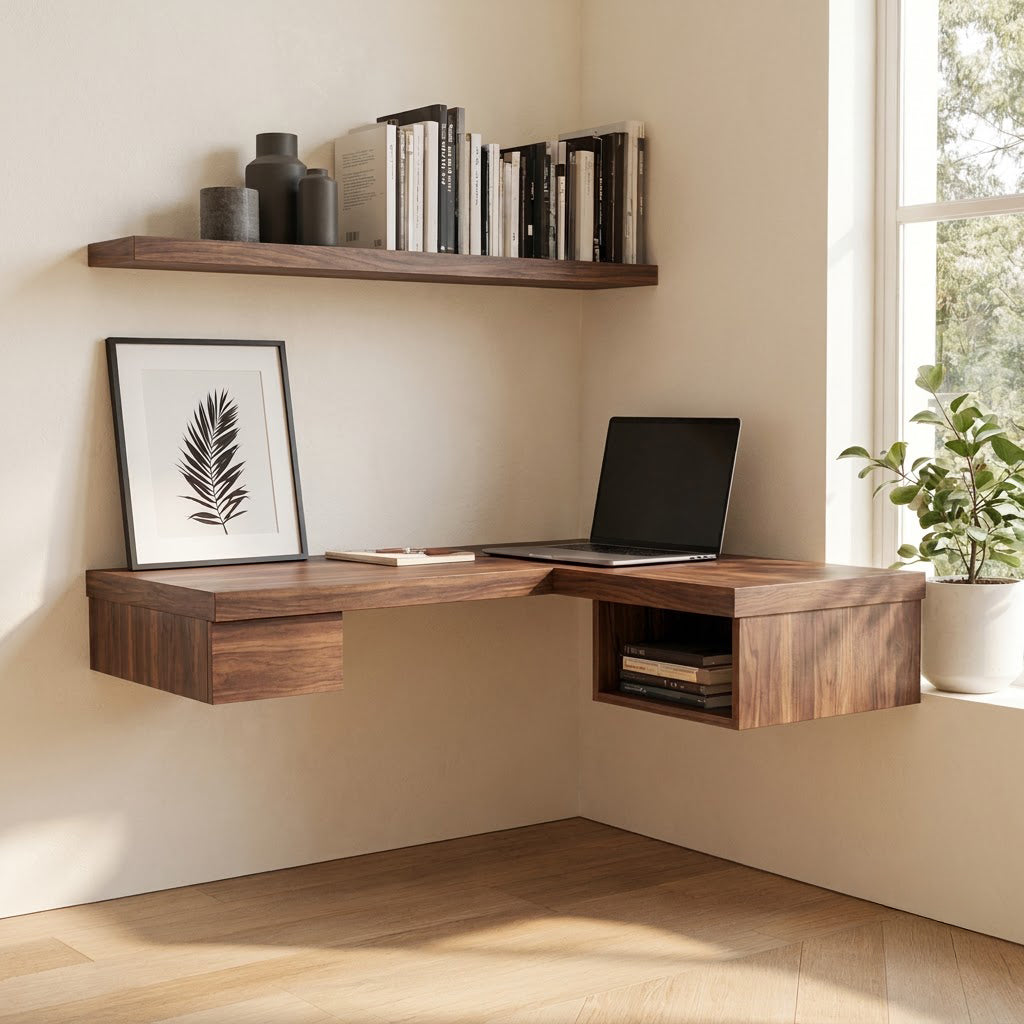 Modern Handcrafted Solid Wood Floating L-Shaped Corner Desk With Integrated Pull-Out Drawer & Open Storage Cubby
