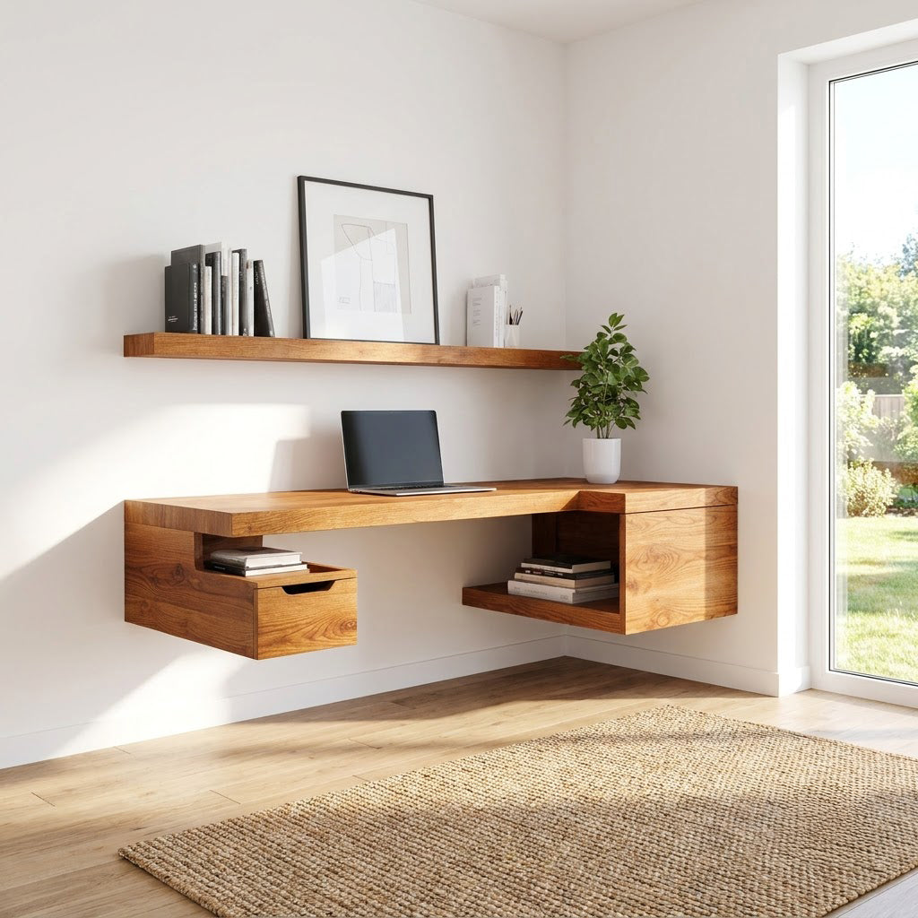 Modern Handcrafted Solid Wood Floating L-Shaped Corner Desk With Integrated Storage Cubbies & Drawer