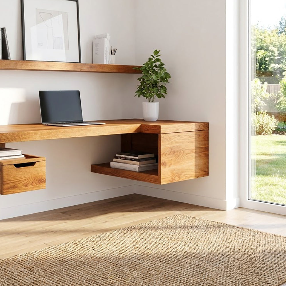 Modern Handcrafted Solid Wood Floating L-Shaped Corner Desk With Integrated Storage Cubbies & Drawer