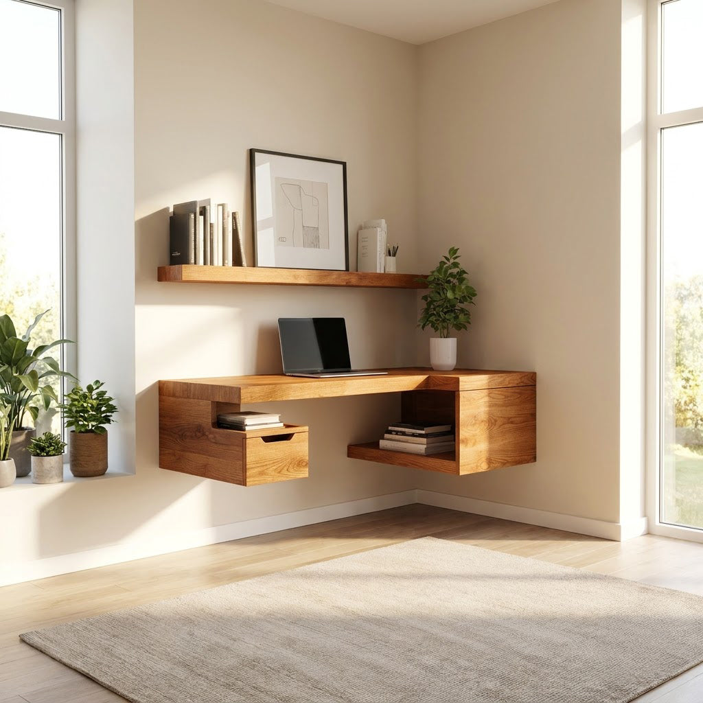 Modern Handcrafted Solid Wood Floating L-Shaped Corner Desk With Integrated Storage Cubbies & Drawer