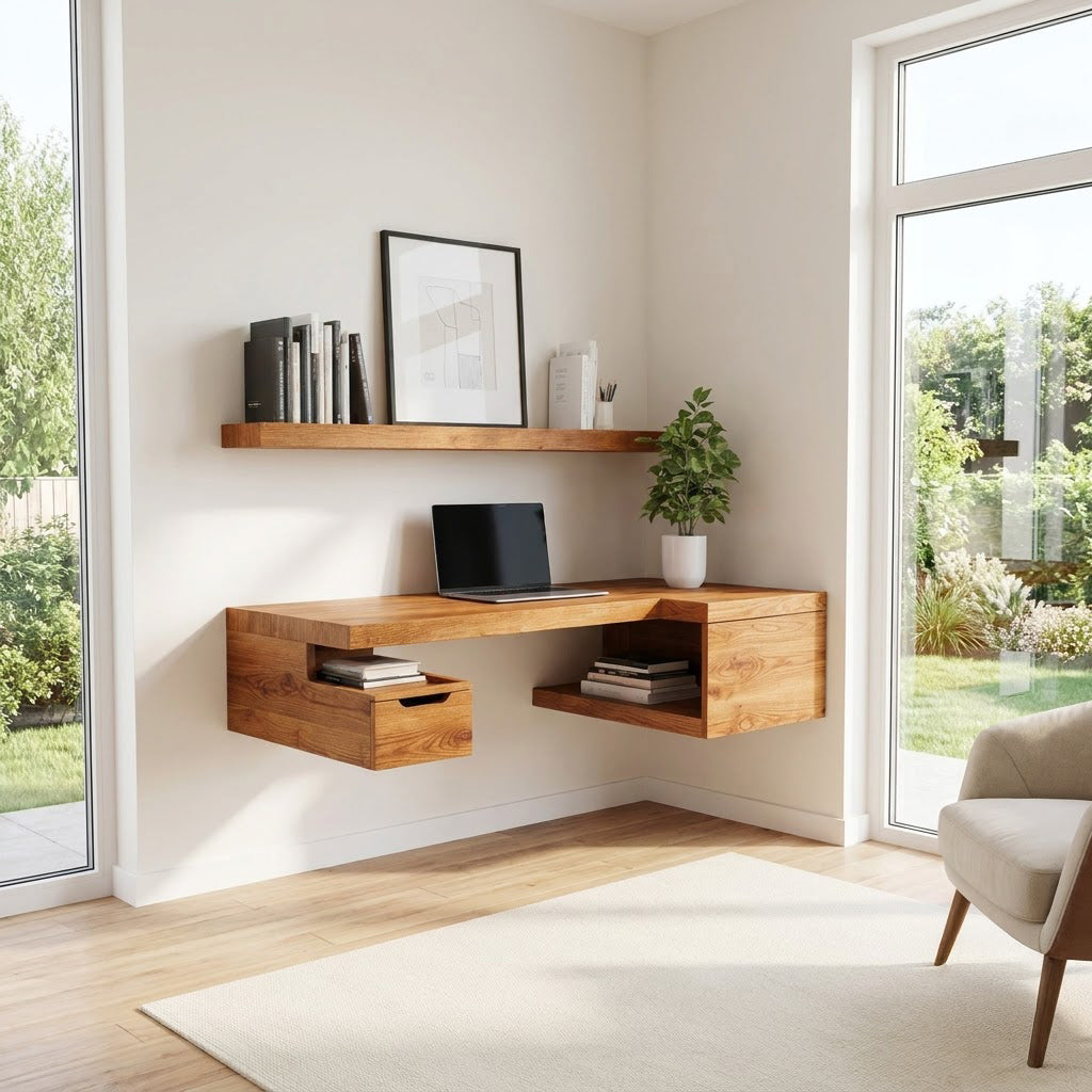 Modern Handcrafted Solid Wood Floating L-Shaped Corner Desk With Integrated Storage Cubbies & Drawer