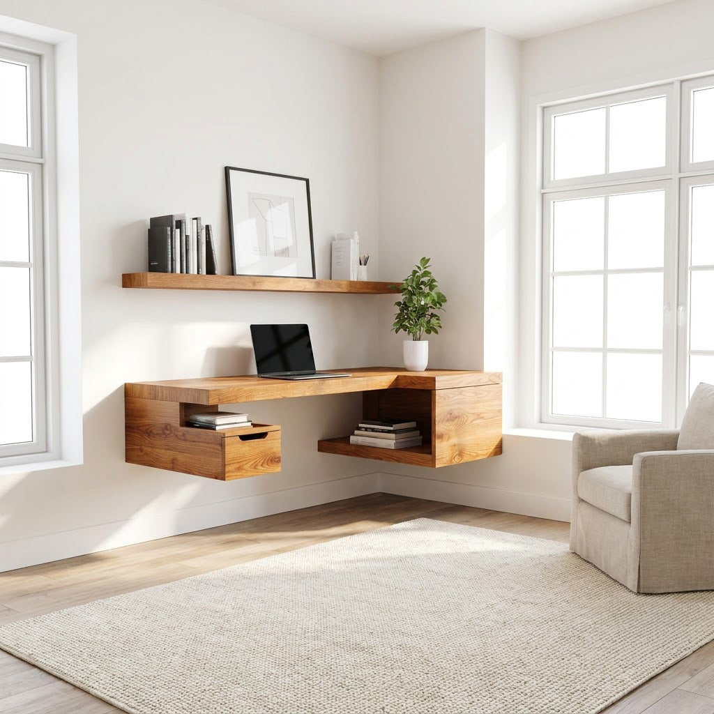 Modern Handcrafted Solid Wood Floating L-Shaped Corner Desk With Integrated Storage Cubbies & Drawer