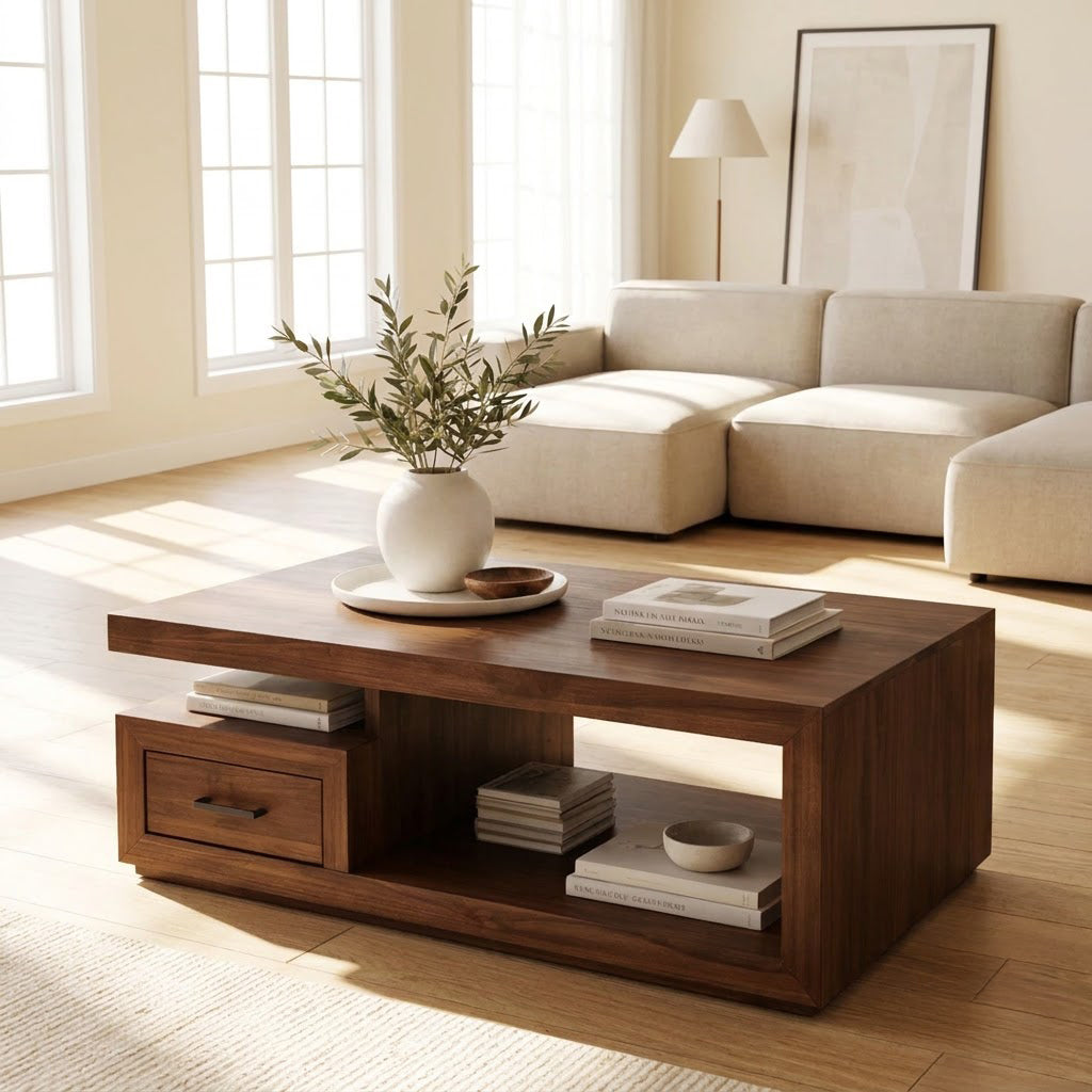 Modern Handcrafted Solid Wood Plinth Coffee Table With Cantilevered Top
