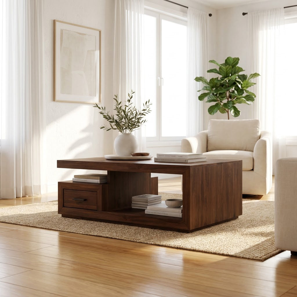 Modern Handcrafted Solid Wood Plinth Coffee Table With Cantilevered Top