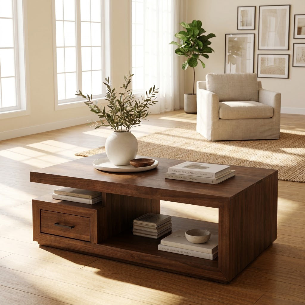 Modern Handcrafted Solid Wood Plinth Coffee Table With Cantilevered Top