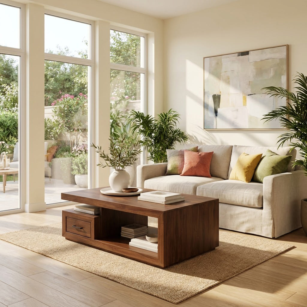 Modern Handcrafted Solid Wood Plinth Coffee Table With Cantilevered Top