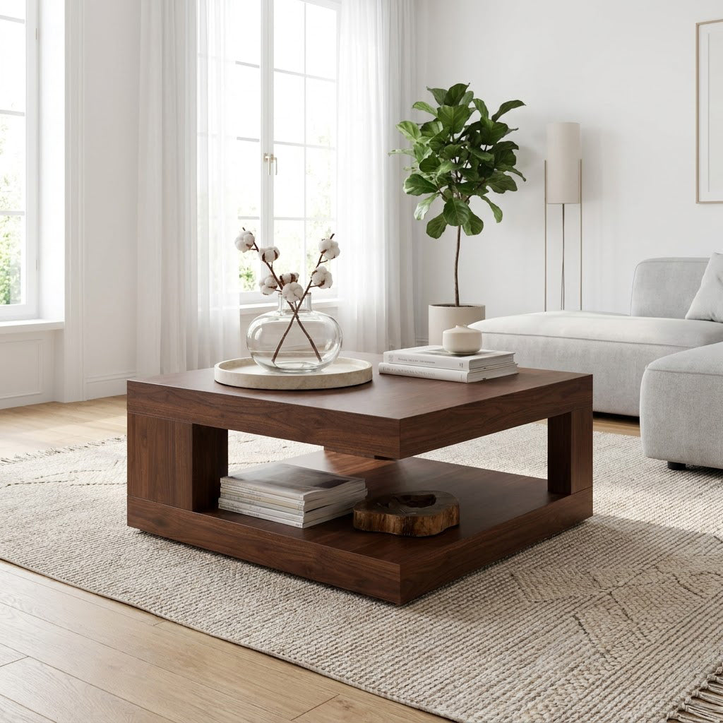 Modern Handcrafted Solid Wood Square Plinth Coffee Table With Open Storage & Architectural Block Pillars