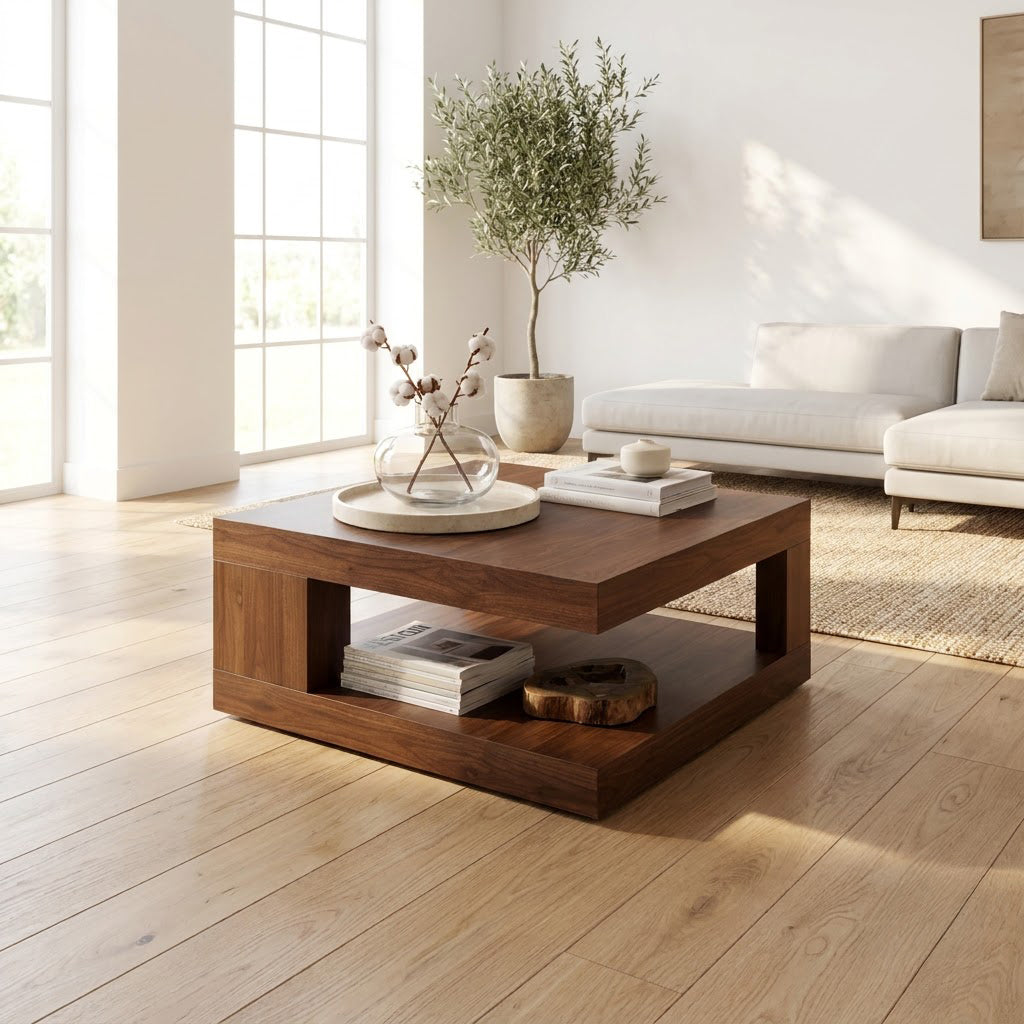 Modern Handcrafted Solid Wood Square Plinth Coffee Table With Open Storage & Architectural Block Pillars
