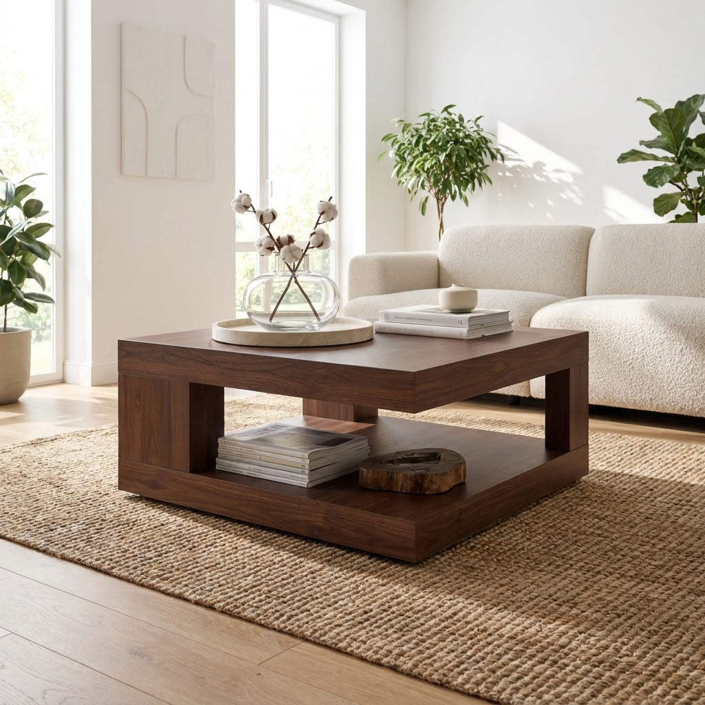 Modern Handcrafted Solid Wood Square Plinth Coffee Table With Open Storage & Architectural Block Pillars
