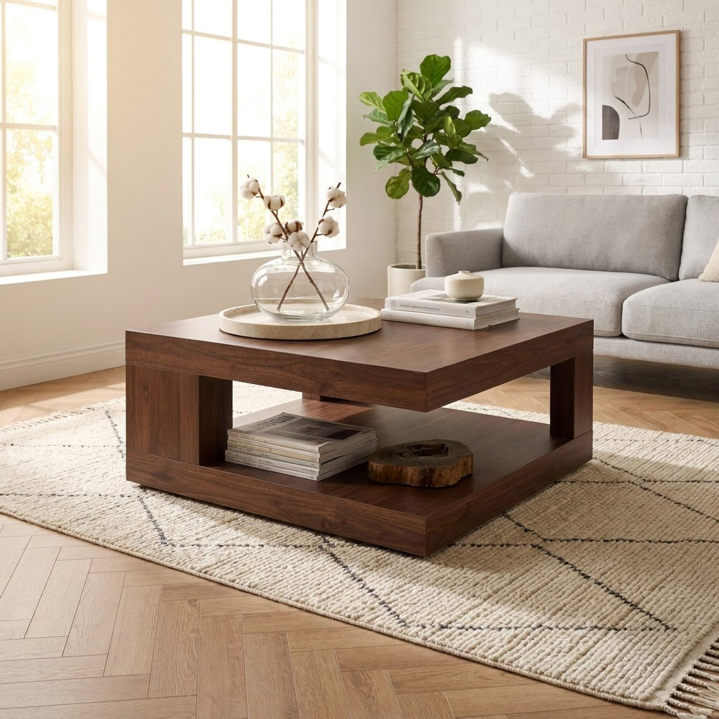 Modern Handcrafted Solid Wood Square Plinth Coffee Table With Open Storage & Architectural Block Pillars