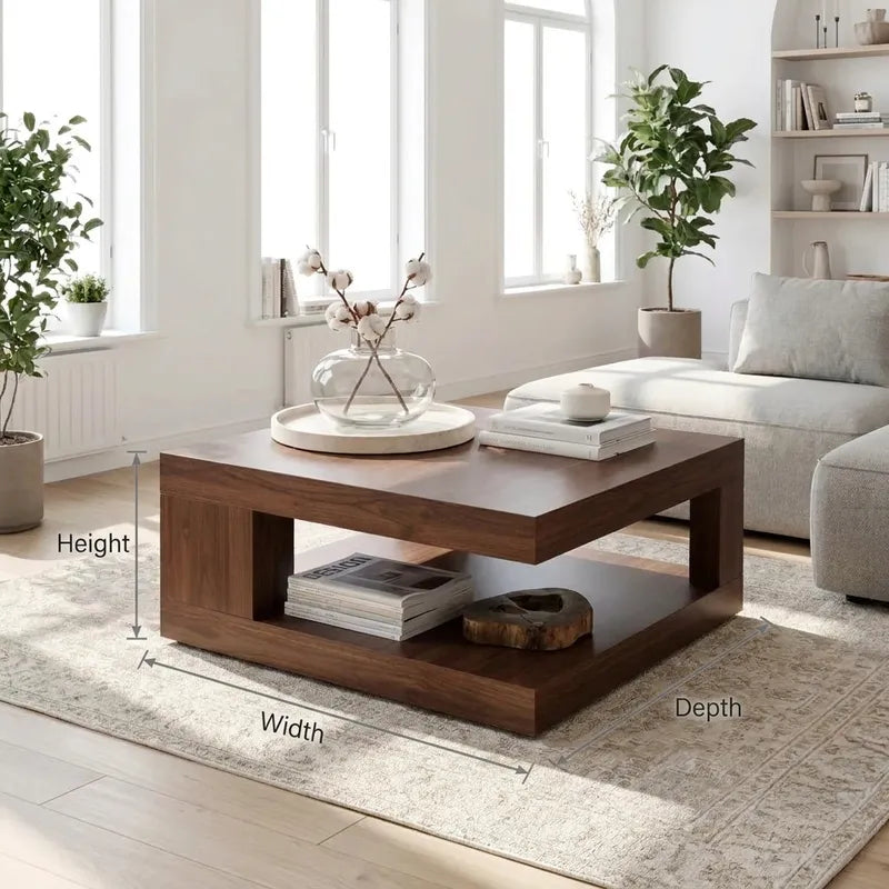 Modern Handcrafted Solid Wood Square Plinth Coffee Table With Open Storage & Architectural Block Pillars