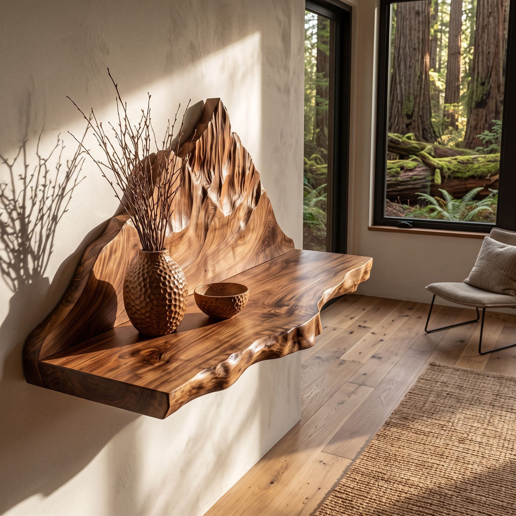 Mountain Landscape Relief Solid Wood Floating Shelf Live Edge Display Ledge