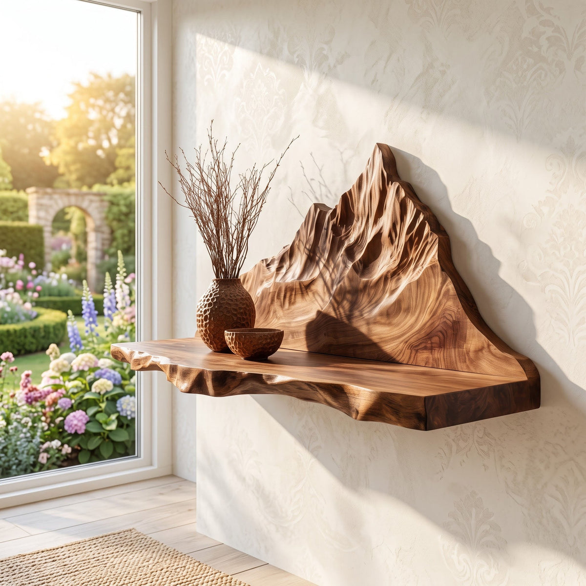 Mountain Landscape Relief Solid Wood Floating Shelf Live Edge Display Ledge