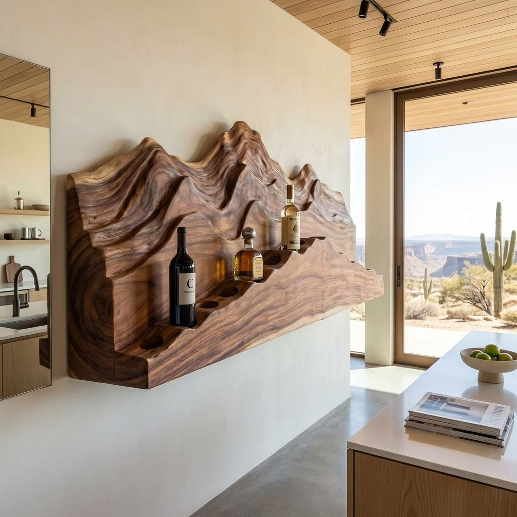 Mountain Landscape Relief Solid Wood Wine Rack Sculptural Wall Mounted Bar Shelf