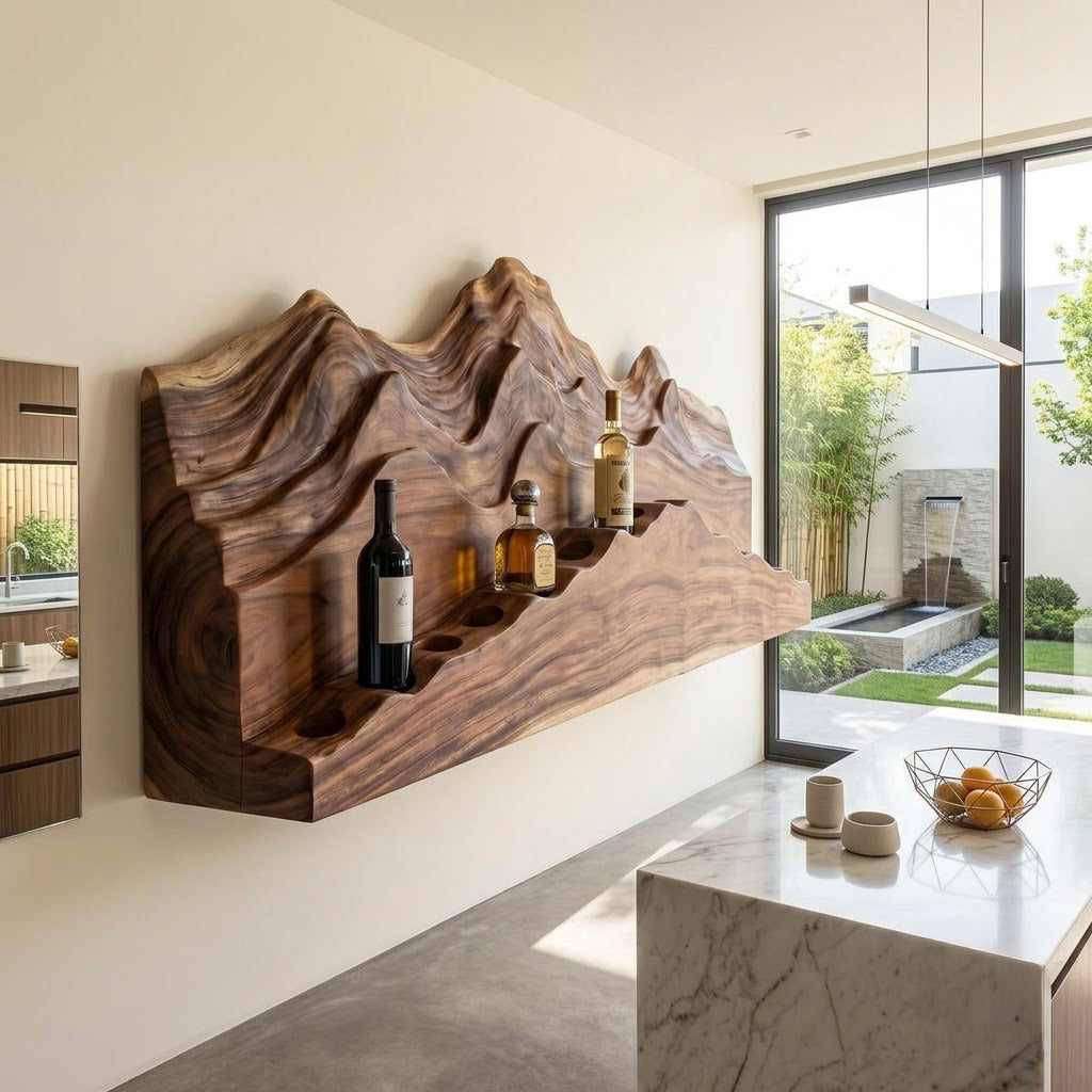 Mountain Landscape Relief Solid Wood Wine Rack Sculptural Wall Mounted Bar Shelf
