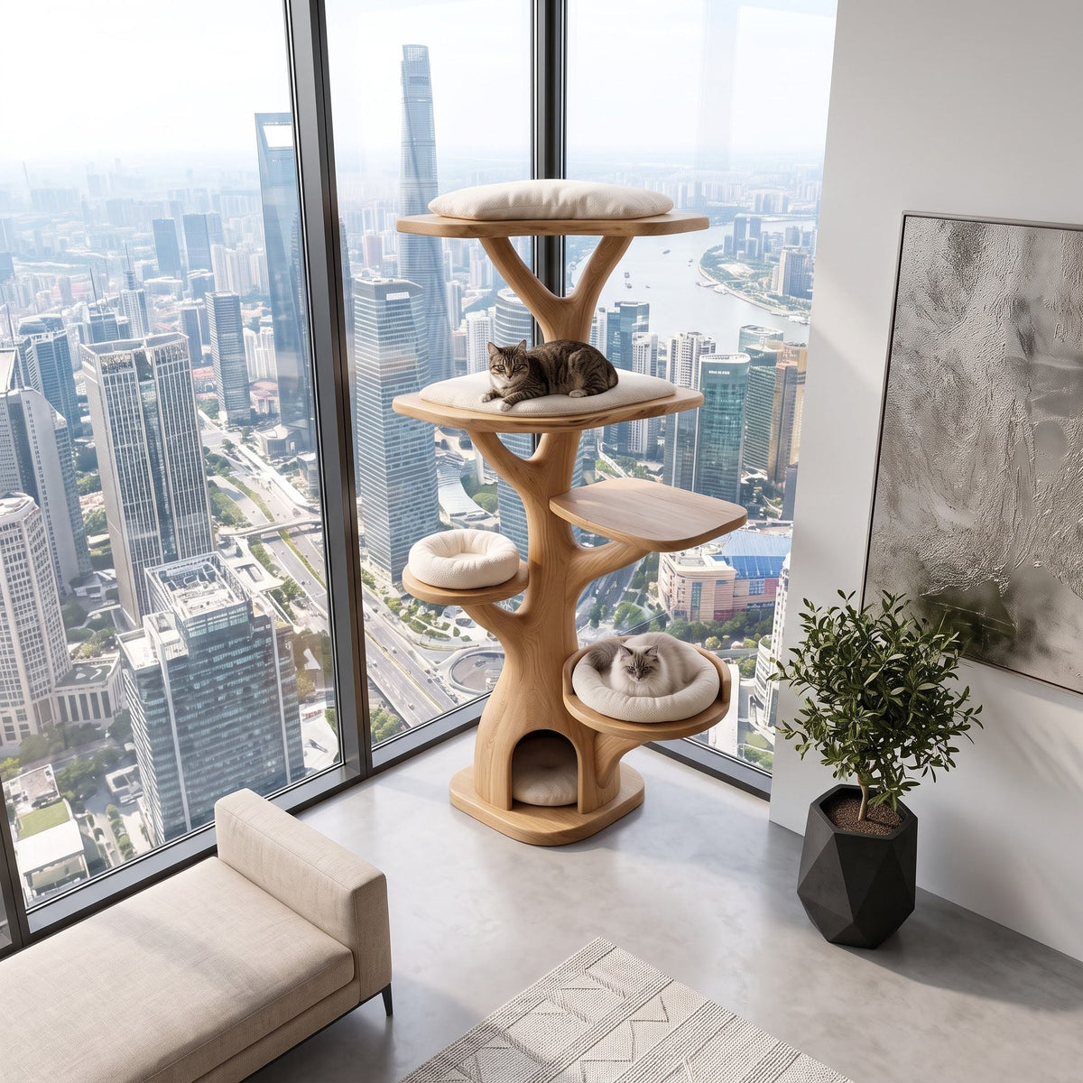 Nature Inspired Branch Solid Wood Corner Cat Tree Tower Condo