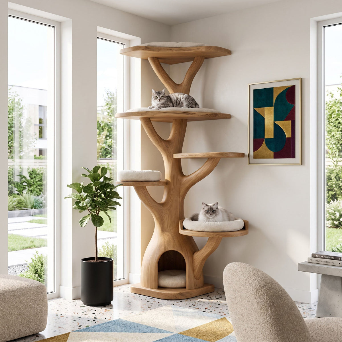 Nature Inspired Branch Solid Wood Corner Cat Tree Tower Condo
