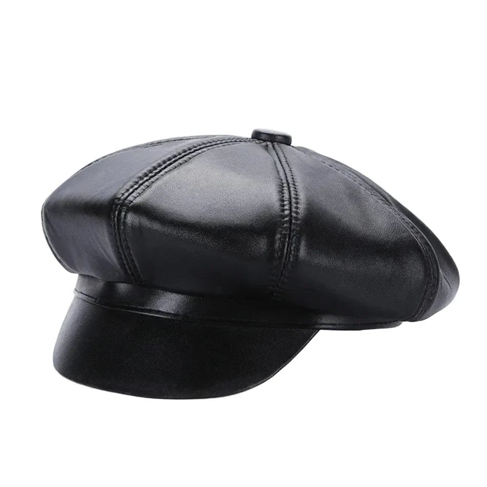 New Jersey Women Black Genuine Leather Newsboy Cap