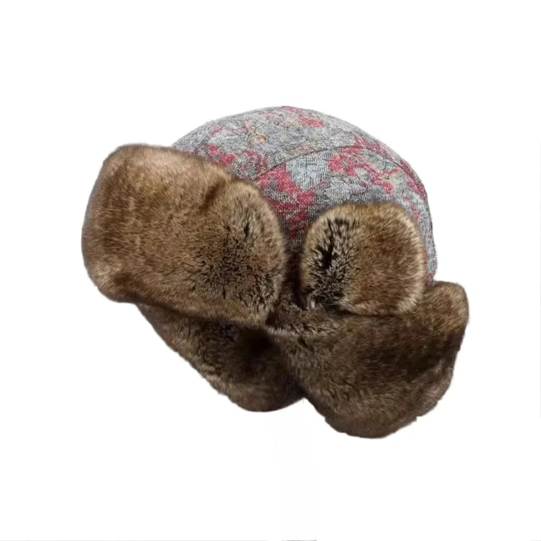Omaha Winter Gray Floral Fur Bomber Hat