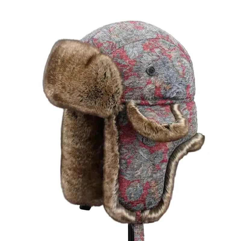 Omaha Winter Gray Floral Fur Bomber Hat