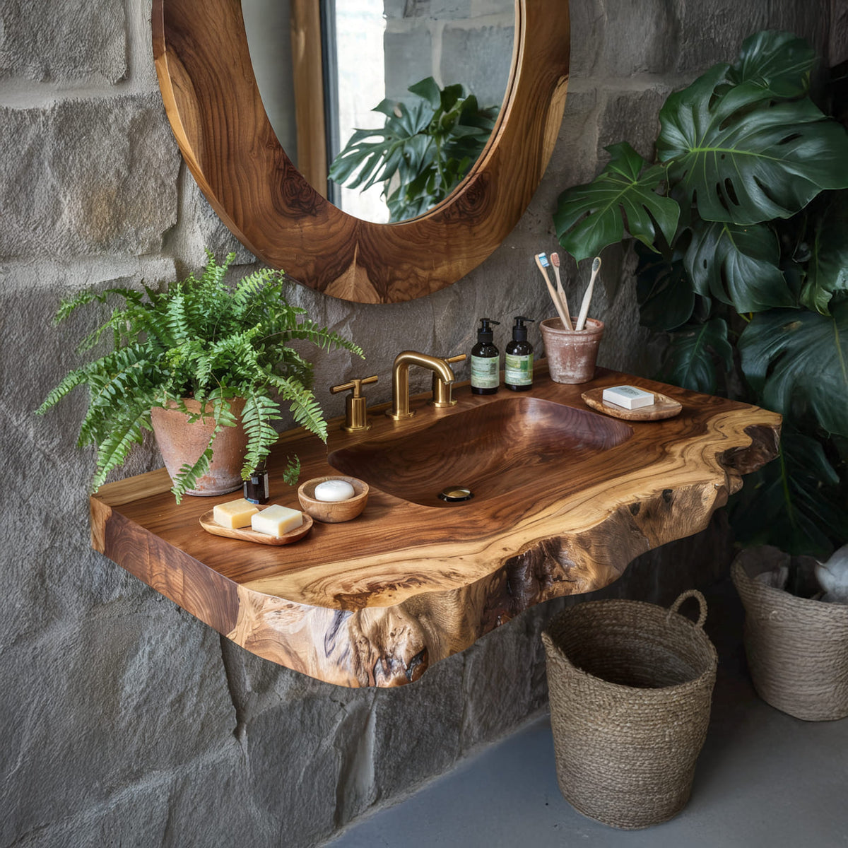 Organic Live Edge Solid Wood Bathroom Vanity Shelf With Integrated Sink