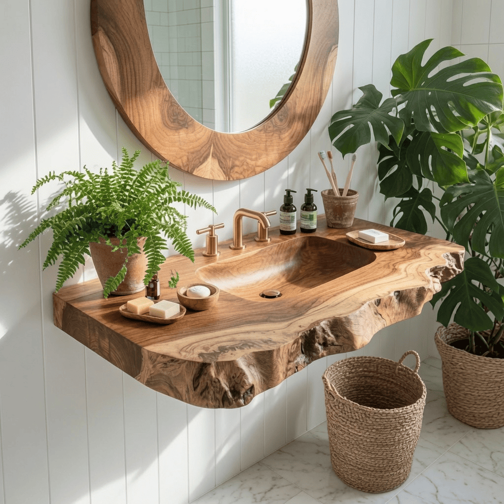 Organic Live Edge Solid Wood Bathroom Vanity Shelf With Integrated Sink