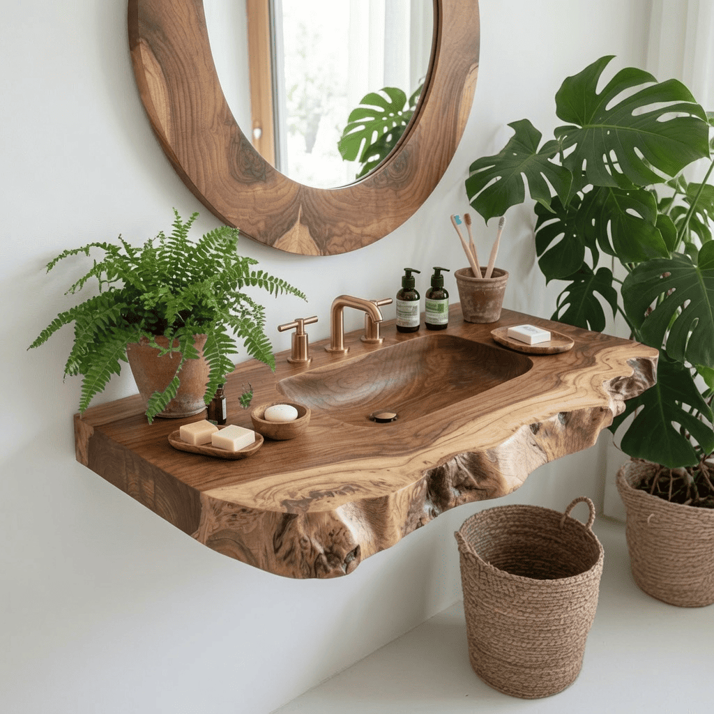 Organic Live Edge Solid Wood Bathroom Vanity Shelf With Integrated Sink