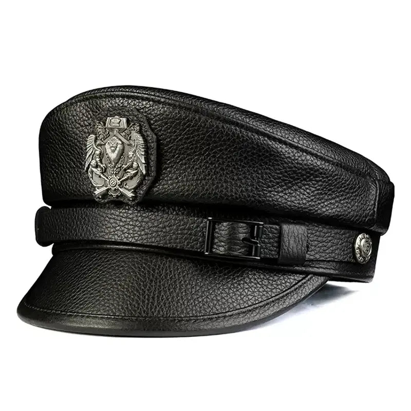 Orson Black Genuine Leather Military Cap