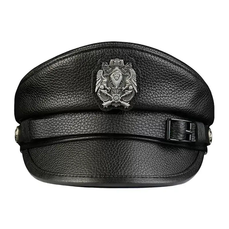 Orson Black Genuine Leather Military Cap