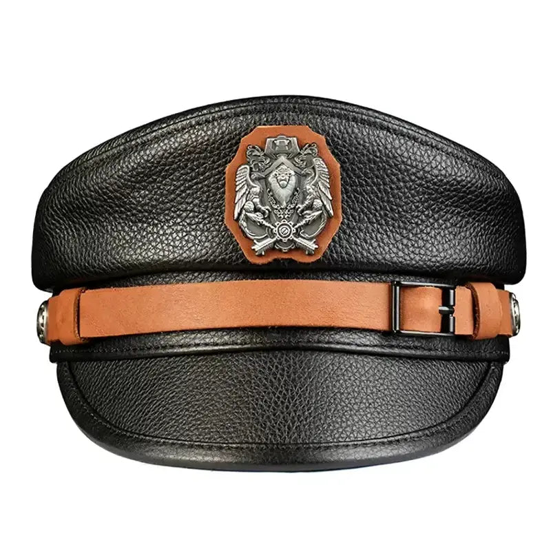 Orson Black Genuine Leather Military Cap