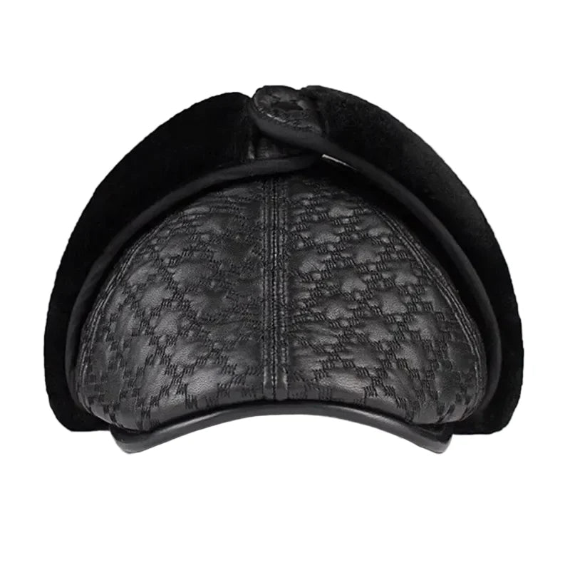 Pickford Black Genuine Leather Rhombuses Earflaps Flat Cap