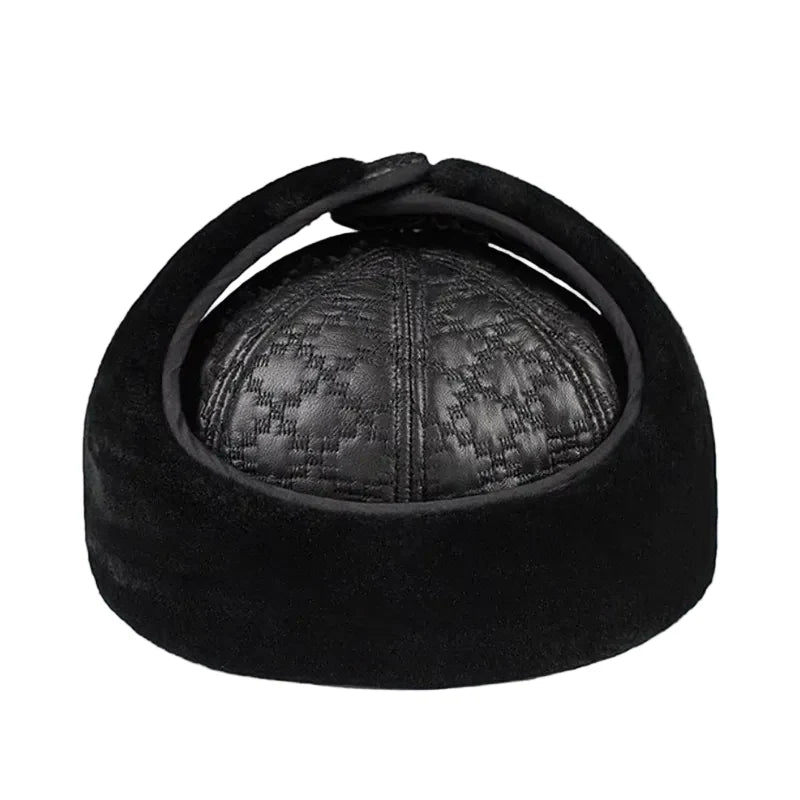 Pickford Black Genuine Leather Rhombuses Earflaps Flat Cap