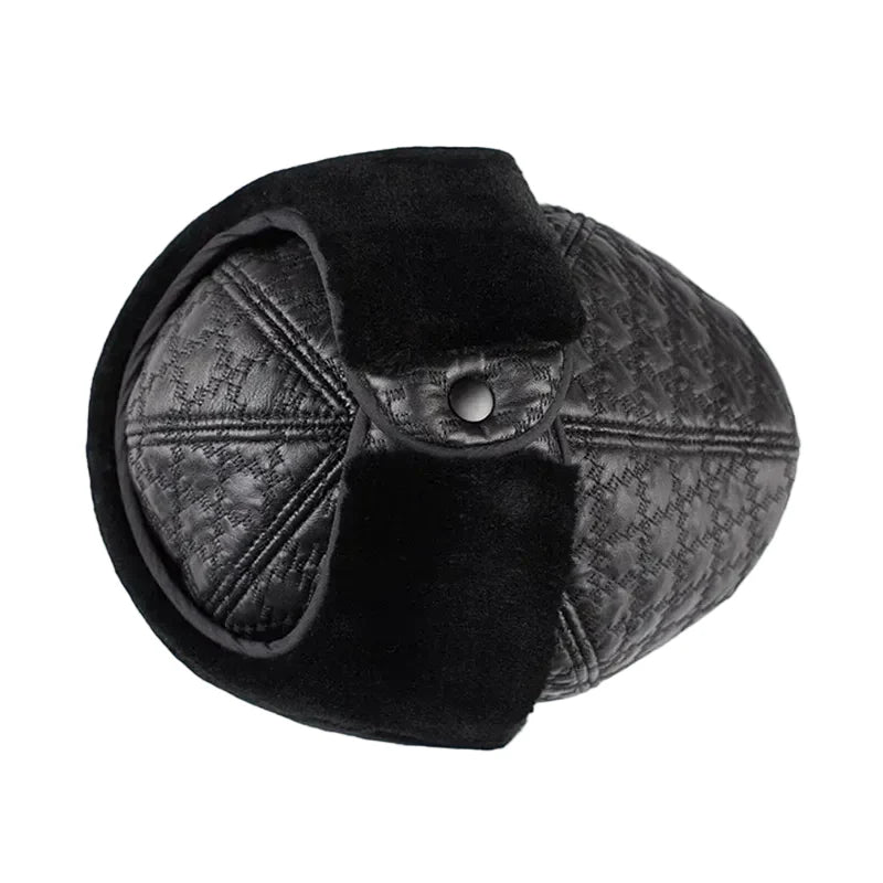 Pickford Black Genuine Leather Rhombuses Earflaps Flat Cap