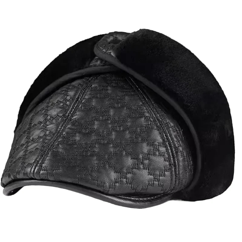 Pickford Black Genuine Leather Rhombuses Earflaps Flat Cap