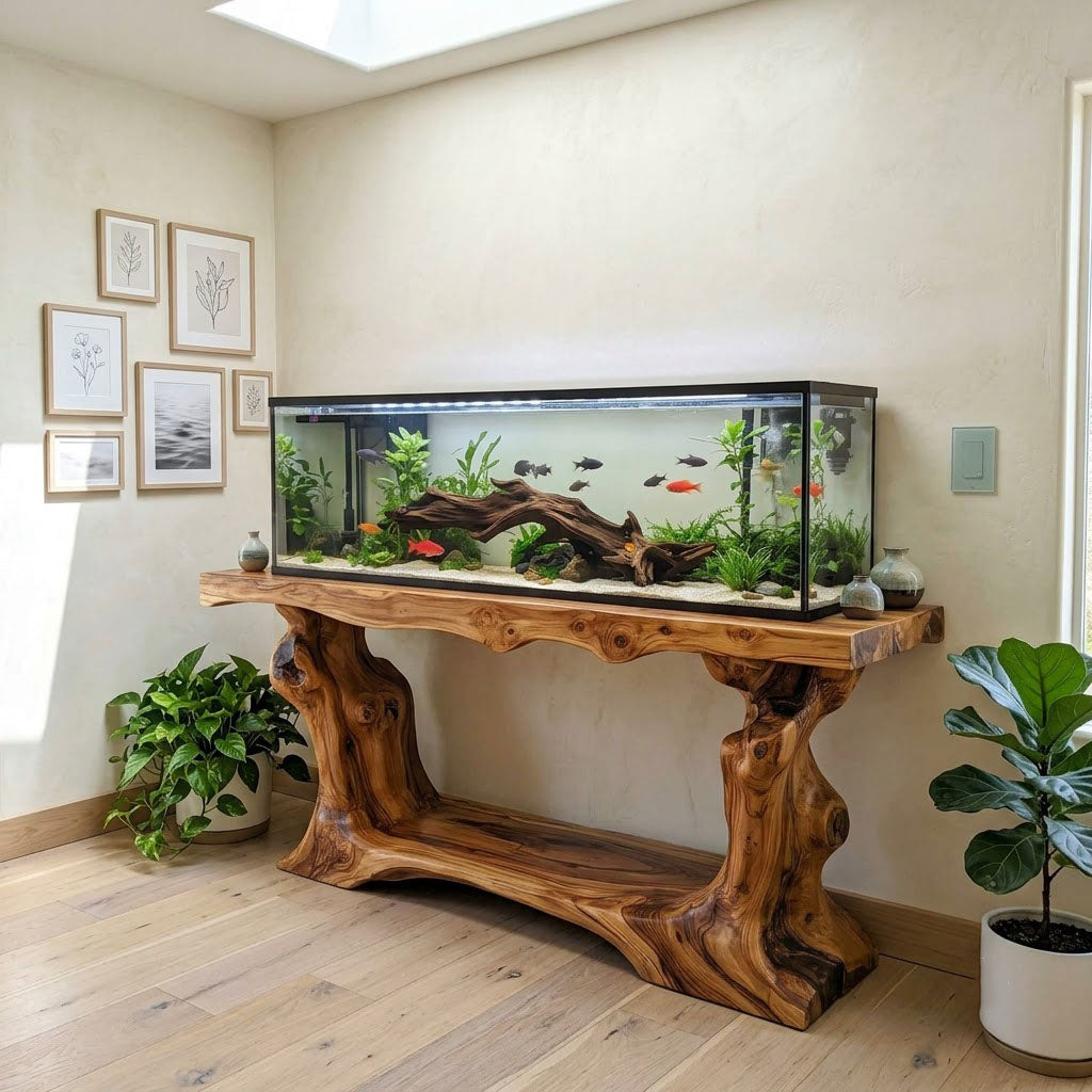 Rustic Live Edge Tree Root Solid Wood Aquarium Stand Heavy Duty Console Table