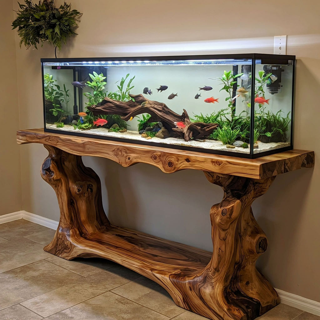 Rustic Live Edge Tree Root Solid Wood Aquarium Stand Heavy Duty Console Table