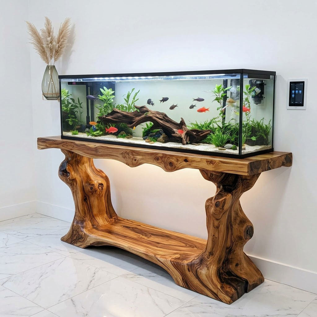 Rustic Live Edge Tree Root Solid Wood Aquarium Stand Heavy Duty Console Table