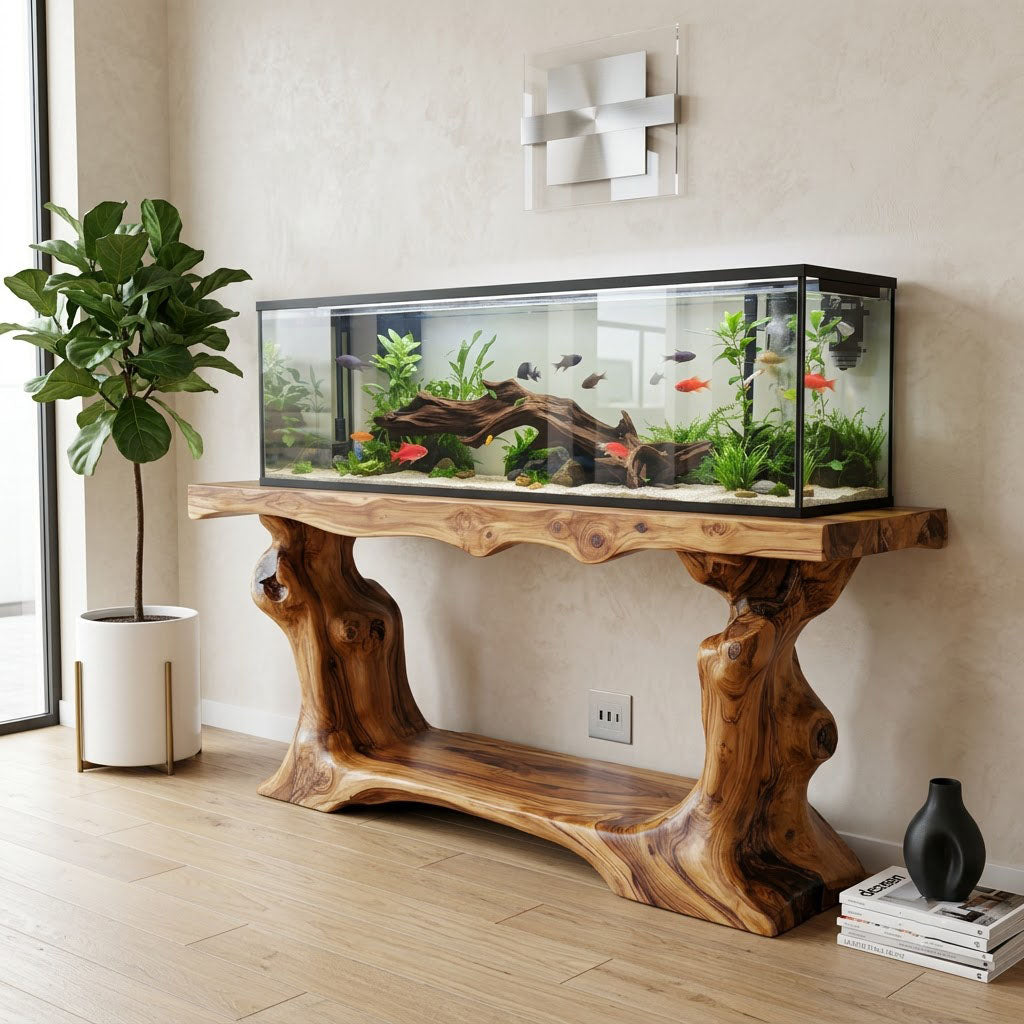 Rustic Live Edge Tree Root Solid Wood Aquarium Stand Heavy Duty Console Table