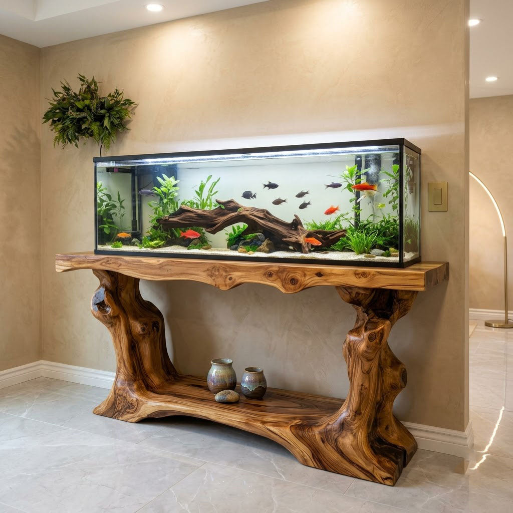 Rustic Live Edge Tree Root Solid Wood Aquarium Stand Heavy Duty Console Table