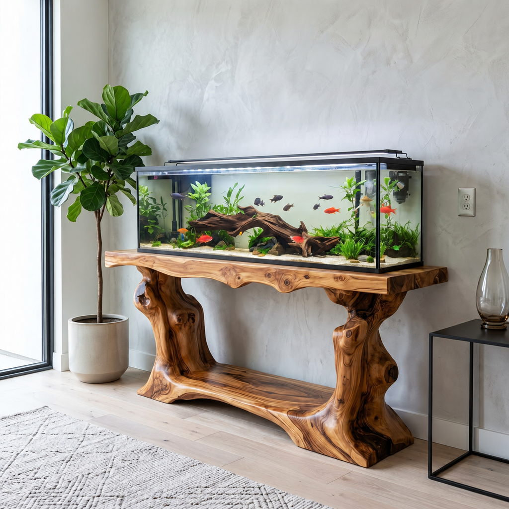 Rustic Live Edge Tree Root Solid Wood Aquarium Stand Heavy Duty Console Table