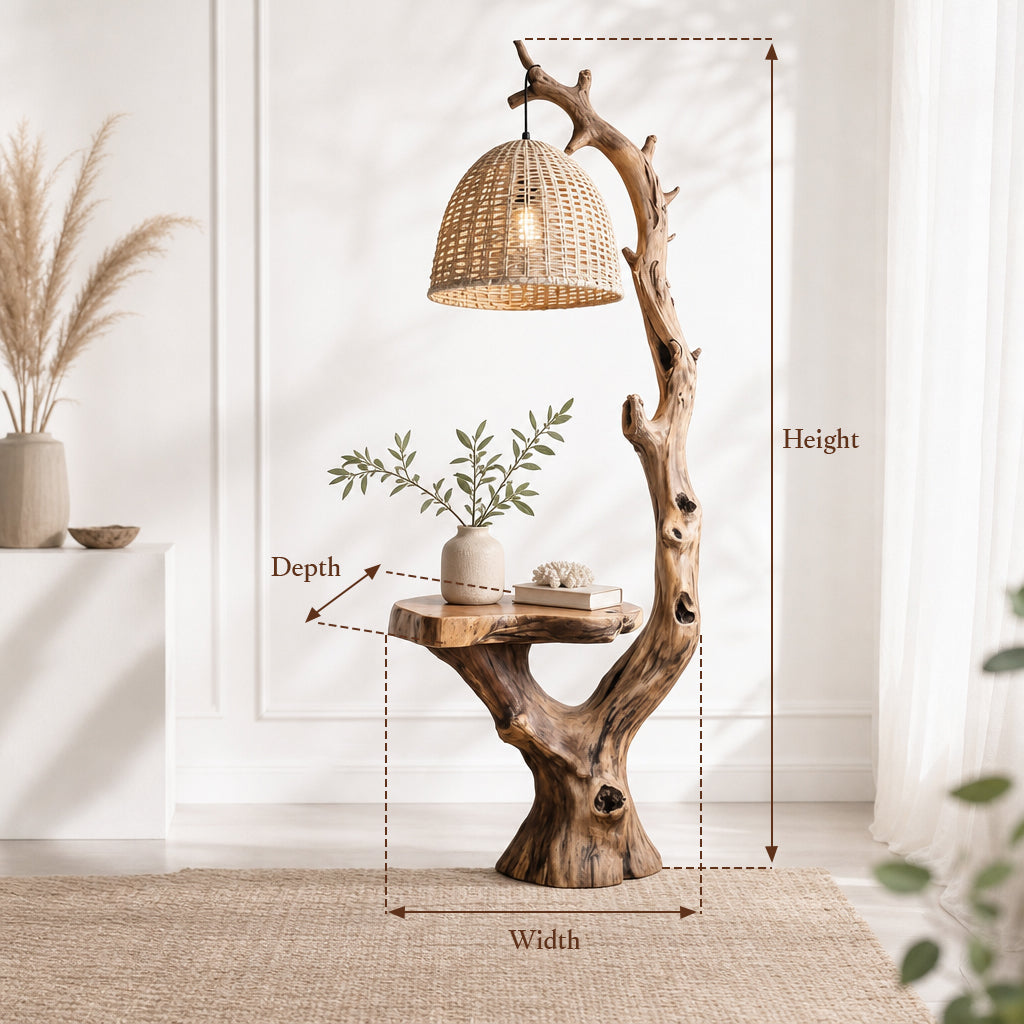 Rustic Driftwood Floor Lamp With Side Table